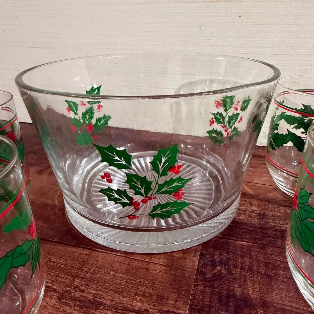 VTG Indiana Glass Christmas Holly Berry Hostess Set 5 Piece Christmas Barware